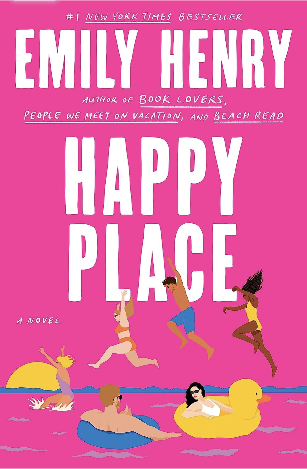 Pink book cover with diverse cartoon people swimming, best summer beach reads