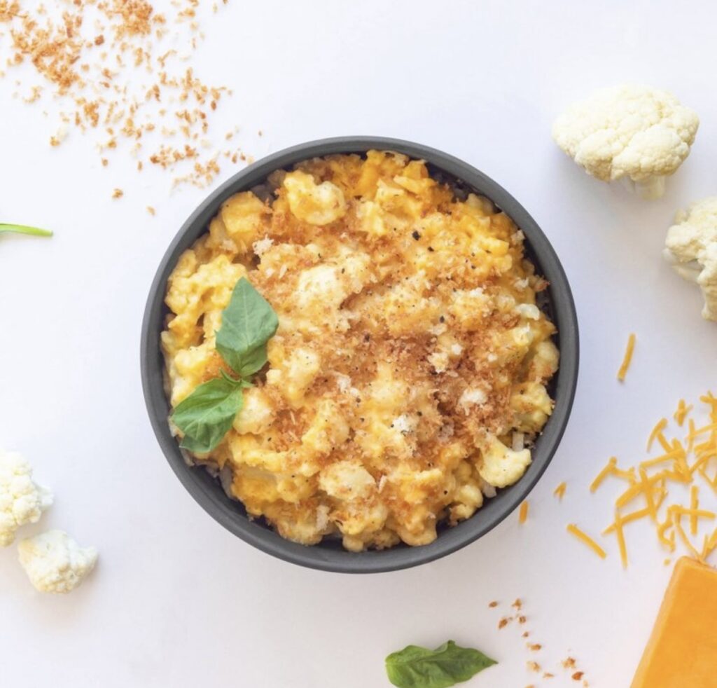 Cauliflower Mac and cheese in a bowl, low carb pasta alternative