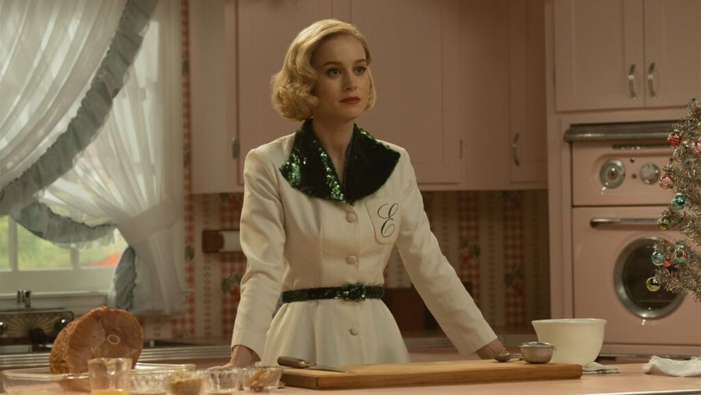 Actress Brie Larson in a 1960s era kitchen 