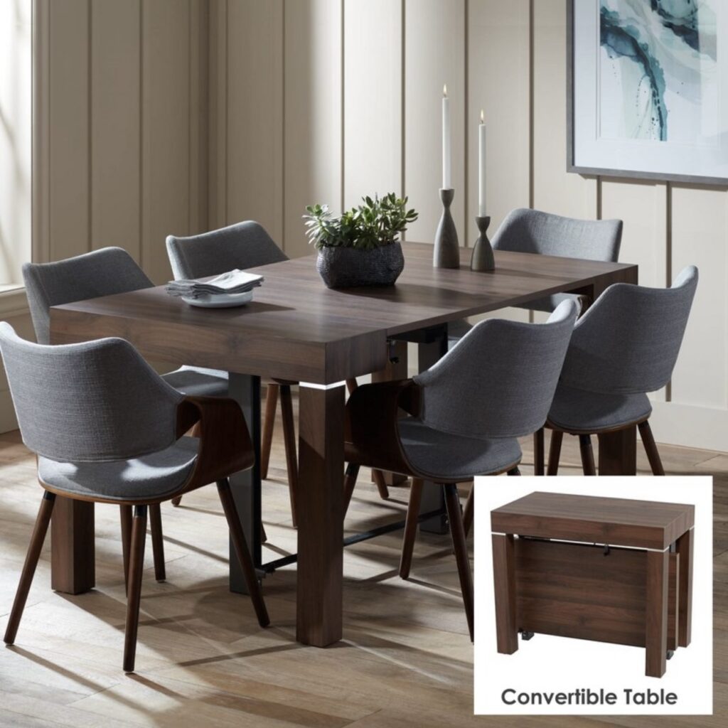 A modern walnut table with chairs set in a dining area