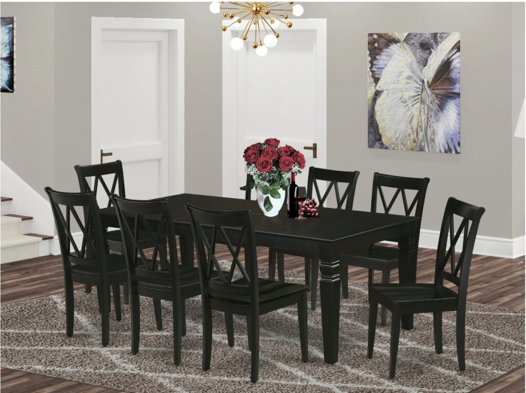 Black dining table set with 8 black chairs