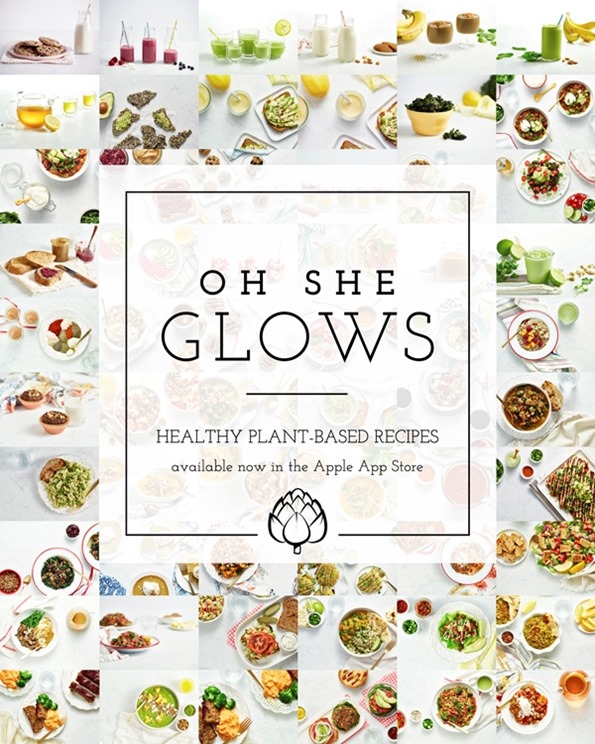 Collage of Vegan recipes on plates with oh she glows logo